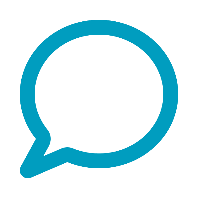 A blue speech bubble icon with a thick outline and no text inside, on a light gray background.